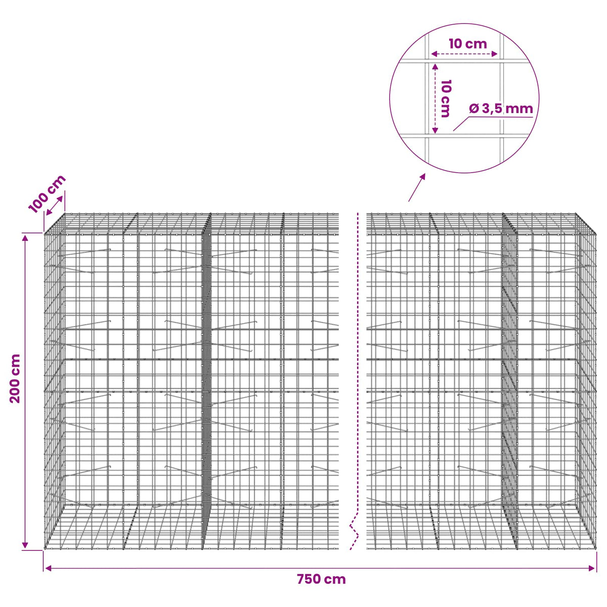 Gabion s žicom debljine 3,5 mm i mrežom 10x10 cm 750x100x200 cm