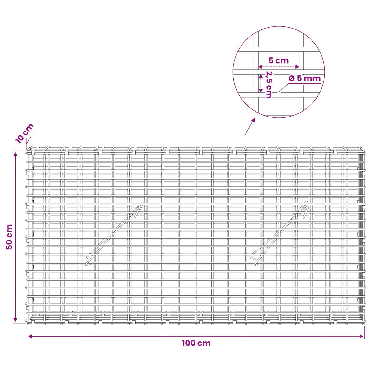 Gabion s žicom debljine 5 mm i mrežom 5x2,5 cm 100x10x50 cm