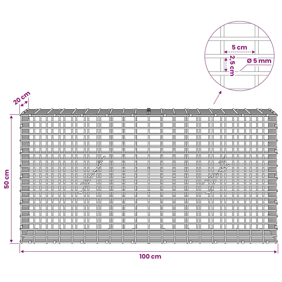 Gabion s žicom debljine 5 mm i mrežom 5x2,5 cm 100x20x50 cm