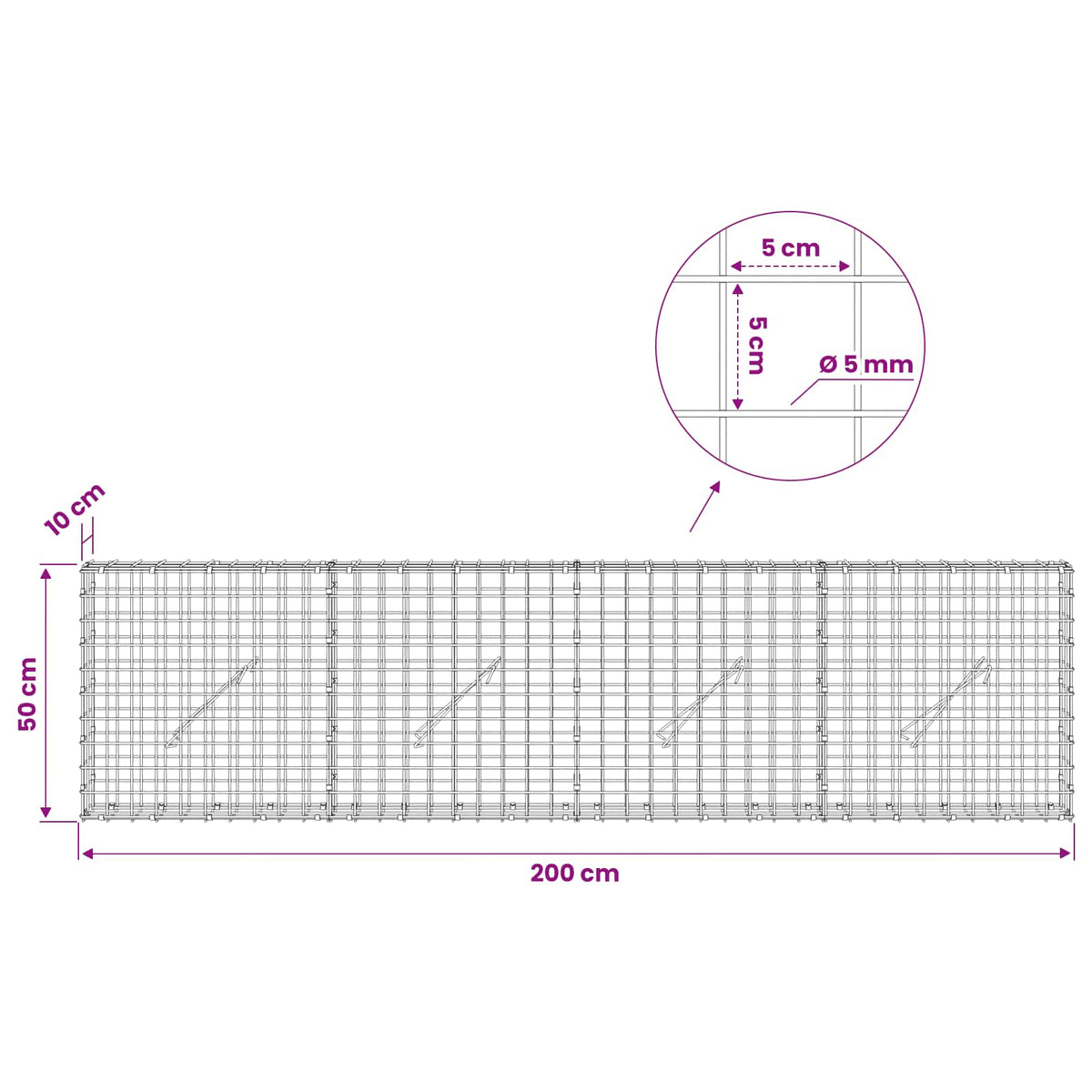 Gabion s 5 mm žicom i mrežom 5x5 cm 200x10x50 cm