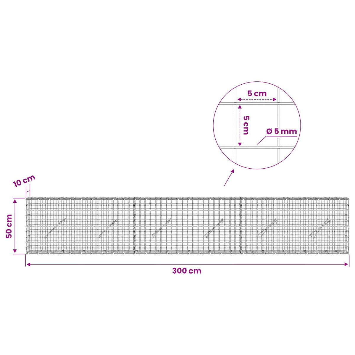 Gabion s 5 mm žicom i mrežom 5x5 cm 300x10x50 cm