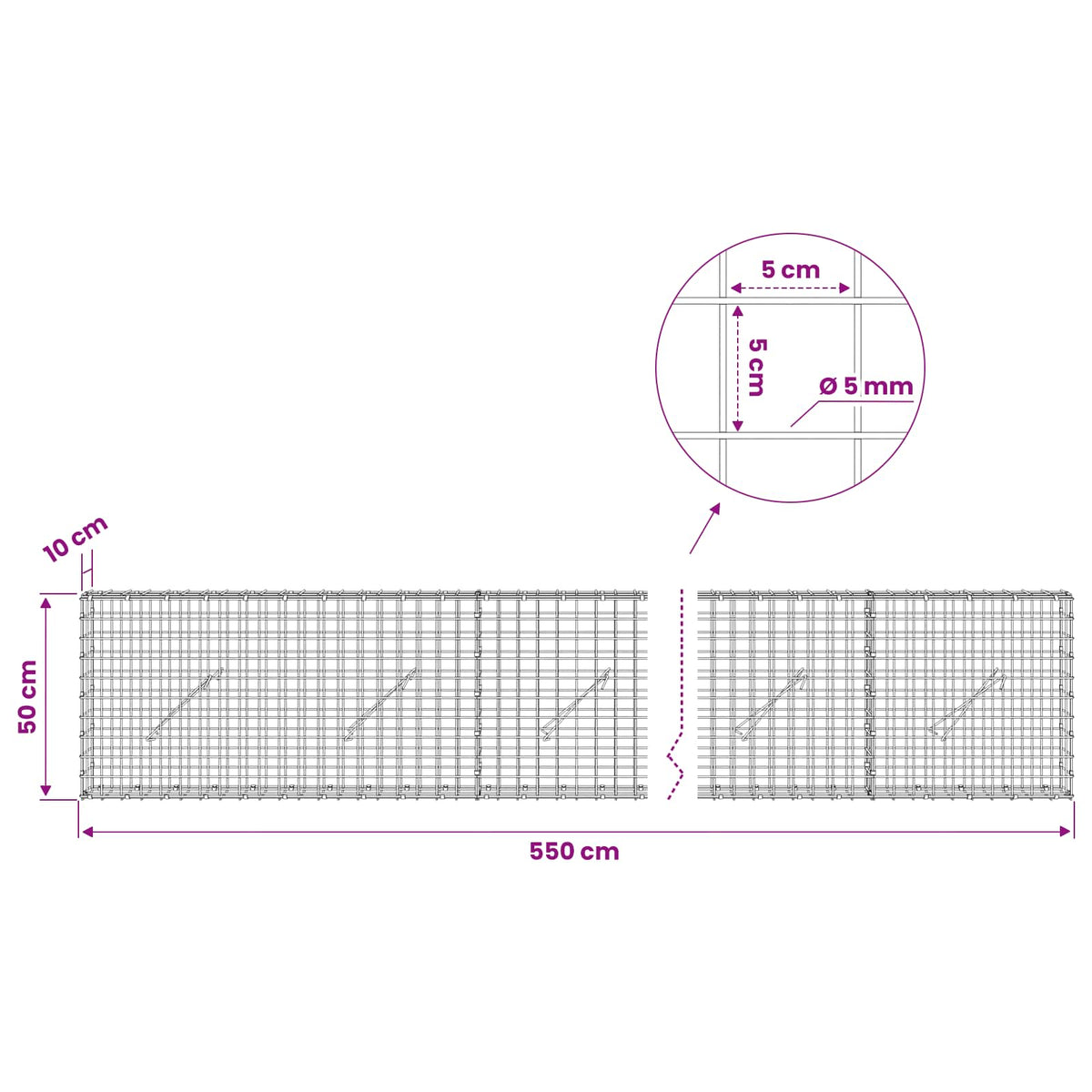 Gabion s 5 mm žicom i mrežom 5x5 cm 550x10x50 cm