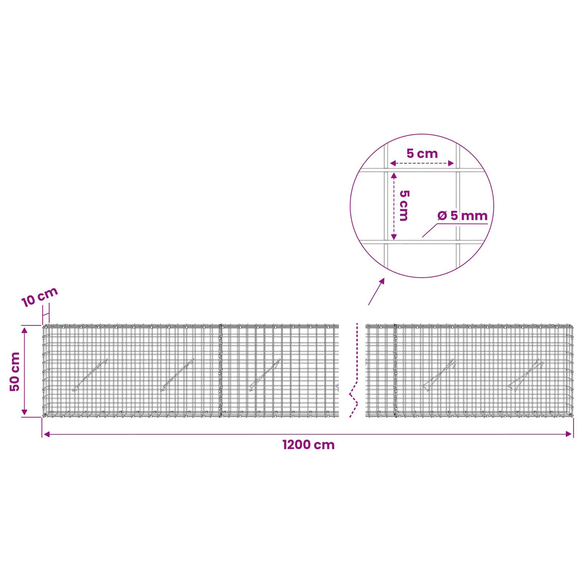 Gabion s 5 mm žicom i mrežom 5x5 cm 1200x10x50 cm