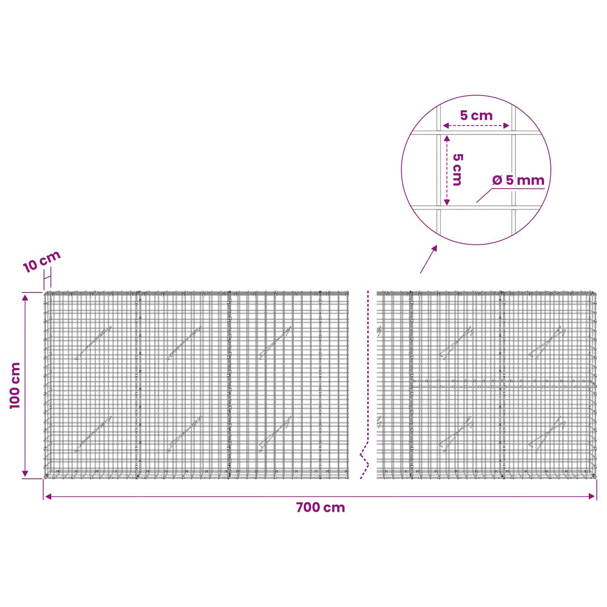 Gabion s 5 mm žicom i mrežom 5x5 cm 700x10x100 cm