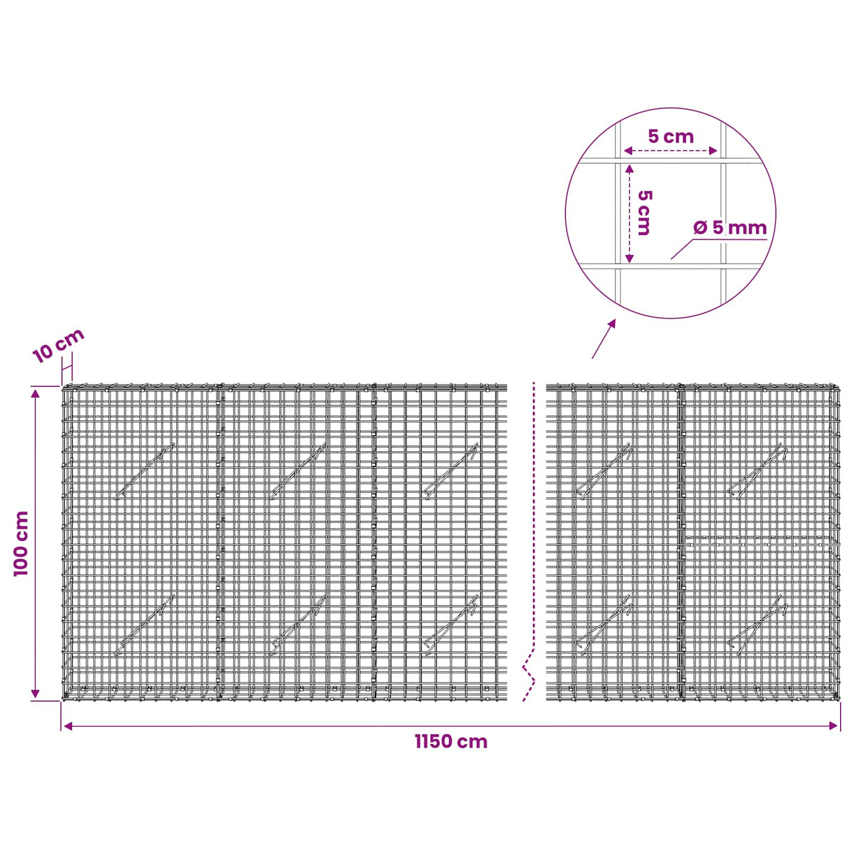 Gabion s 5 mm žicom i mrežom 5x5 cm 1150x10x100 cm