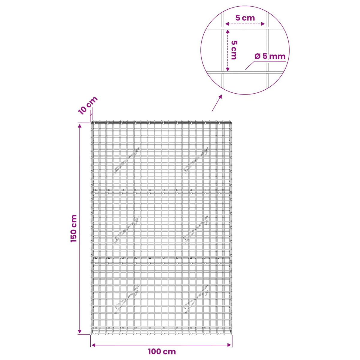 Gabion s 5 mm žicom i mrežom 5x5 cm 100x10x150 cm