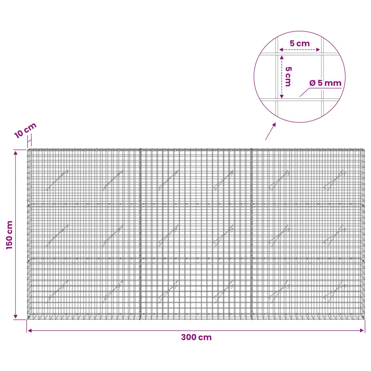 Gabion s 5 mm žicom i mrežom 5x5 cm 300x10x150 cm