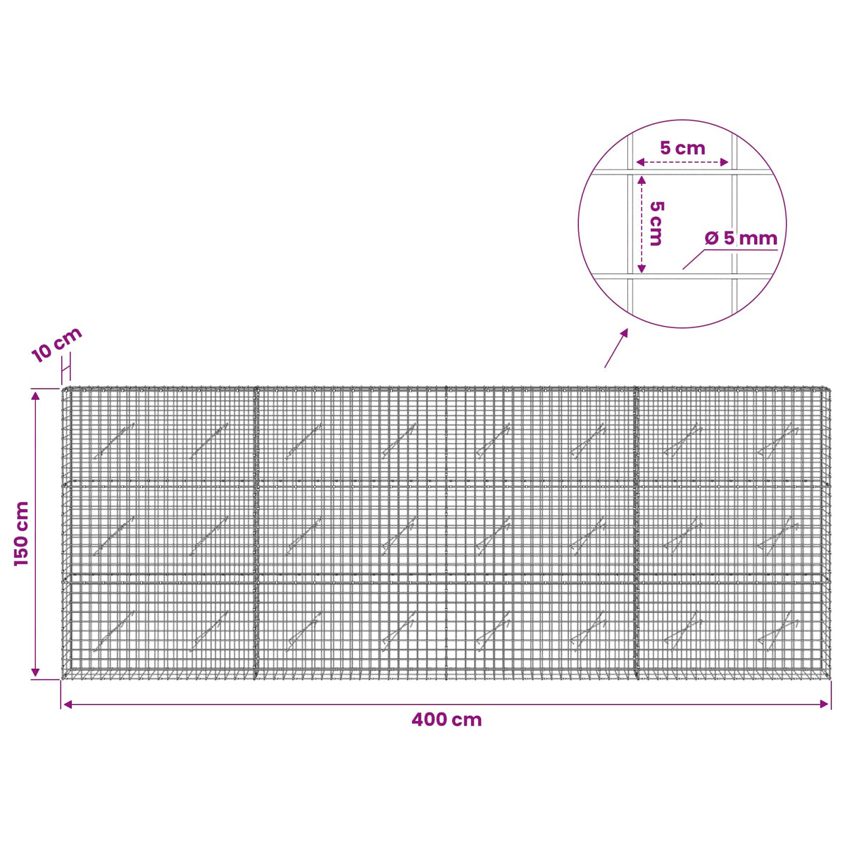 Gabion s 5 mm žicom i mrežom 5x5 cm 400x10x150 cm