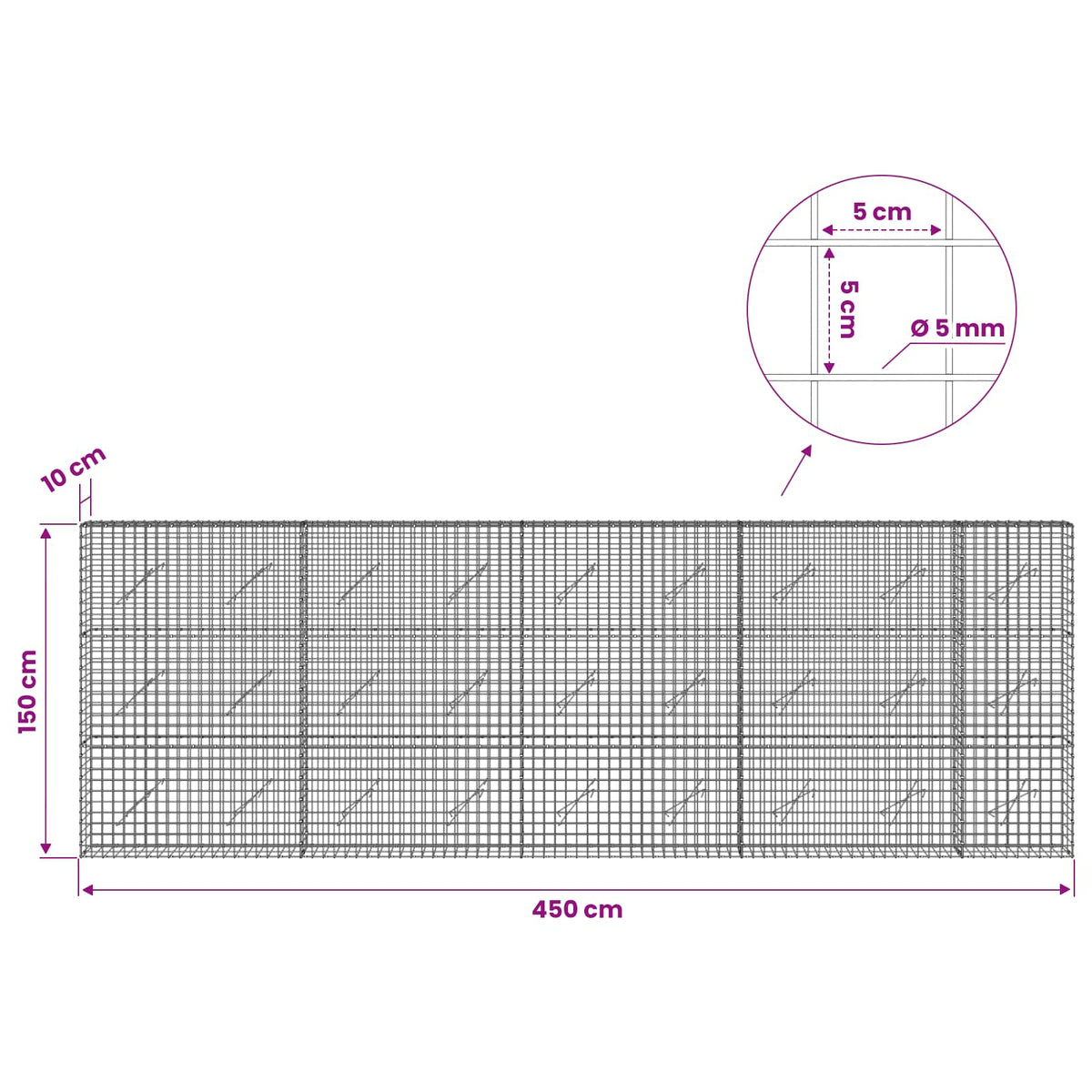 Gabion s 5 mm žicom i mrežom 5x5 cm 450x10x150 cm