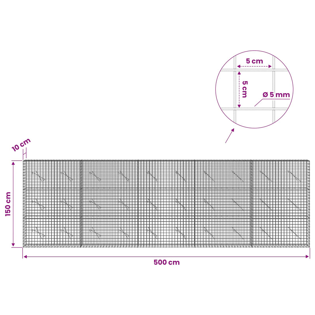 Gabion s 5 mm žicom i mrežom 5x5 cm 500x10x150 cm