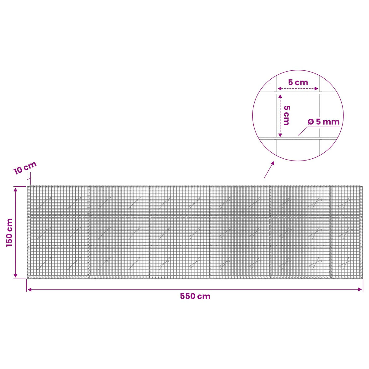 Gabion s 5 mm žicom i mrežom 5x5 cm 550x10x150 cm