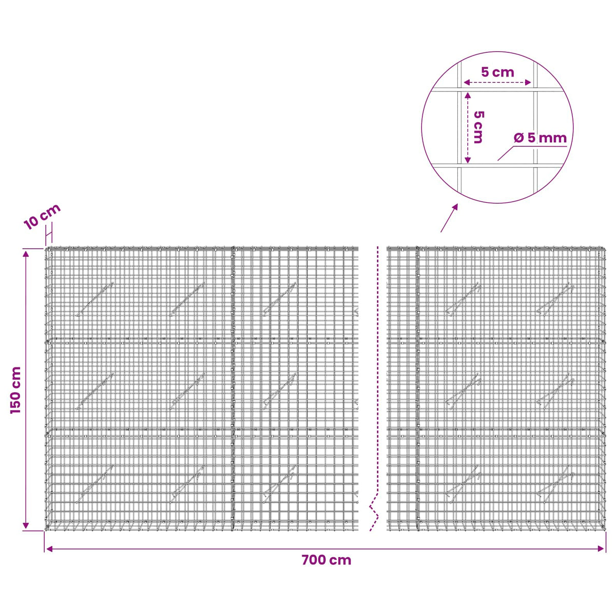 Gabion s 5 mm žicom i mrežom 5x5 cm 700x10x150 cm