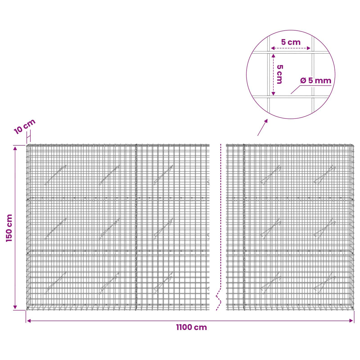 Gabion s 5 mm žicom i mrežom 5x5 cm 1100x10x150 cm