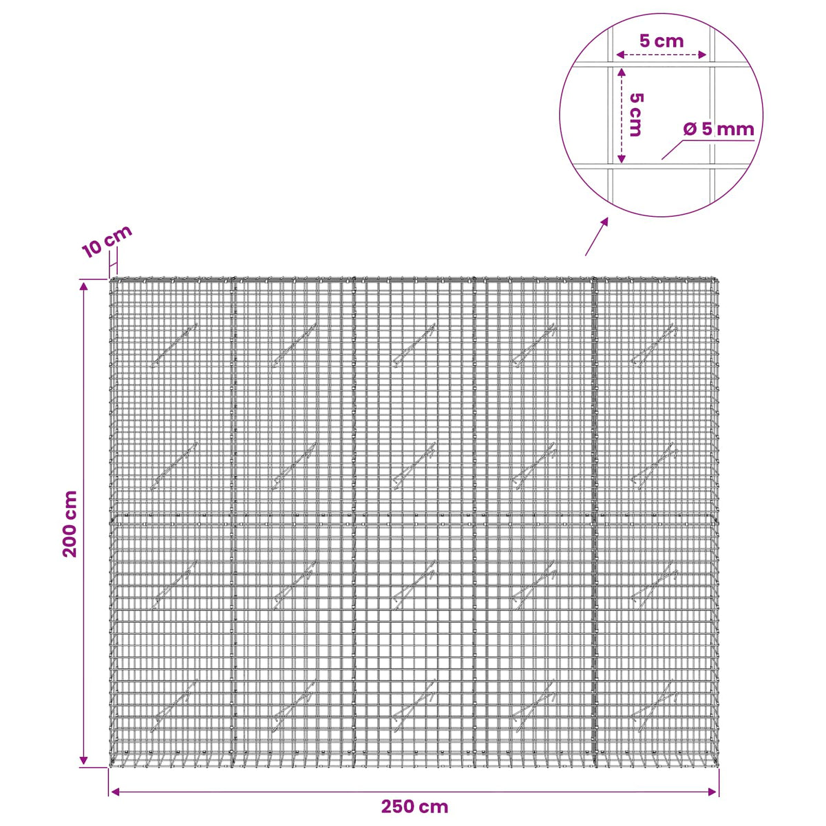 Gabion s 5 mm žicom i mrežom 5x5 cm 250x10x200 cm