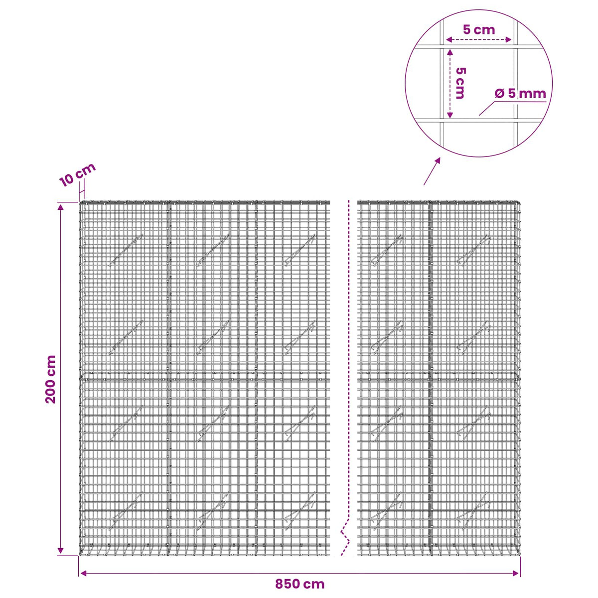 Gabion s 5 mm žicom i mrežom 5x5 cm 950x10x200 cm