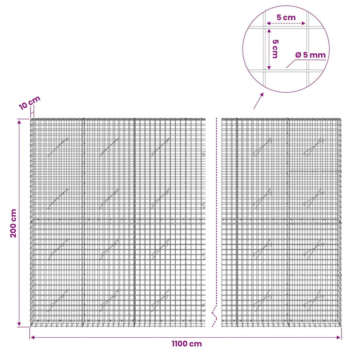 Gabion s 5 mm žicom i mrežom 5x5 cm 1100x10x200 cm