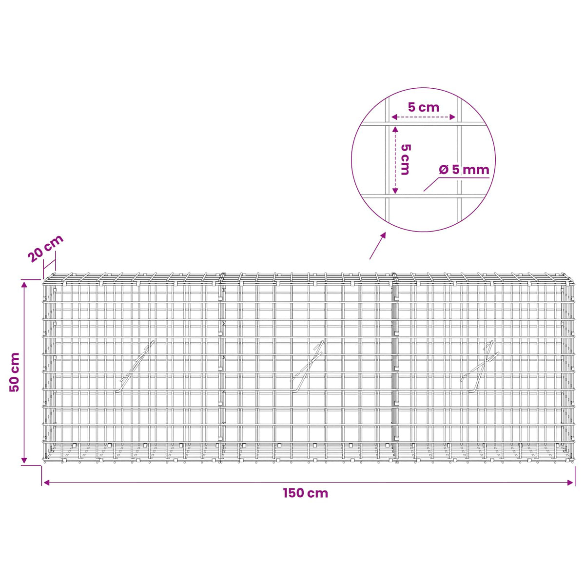 Gabion s 5 mm žicom i mrežom 5x5 cm 150x20x50 cm