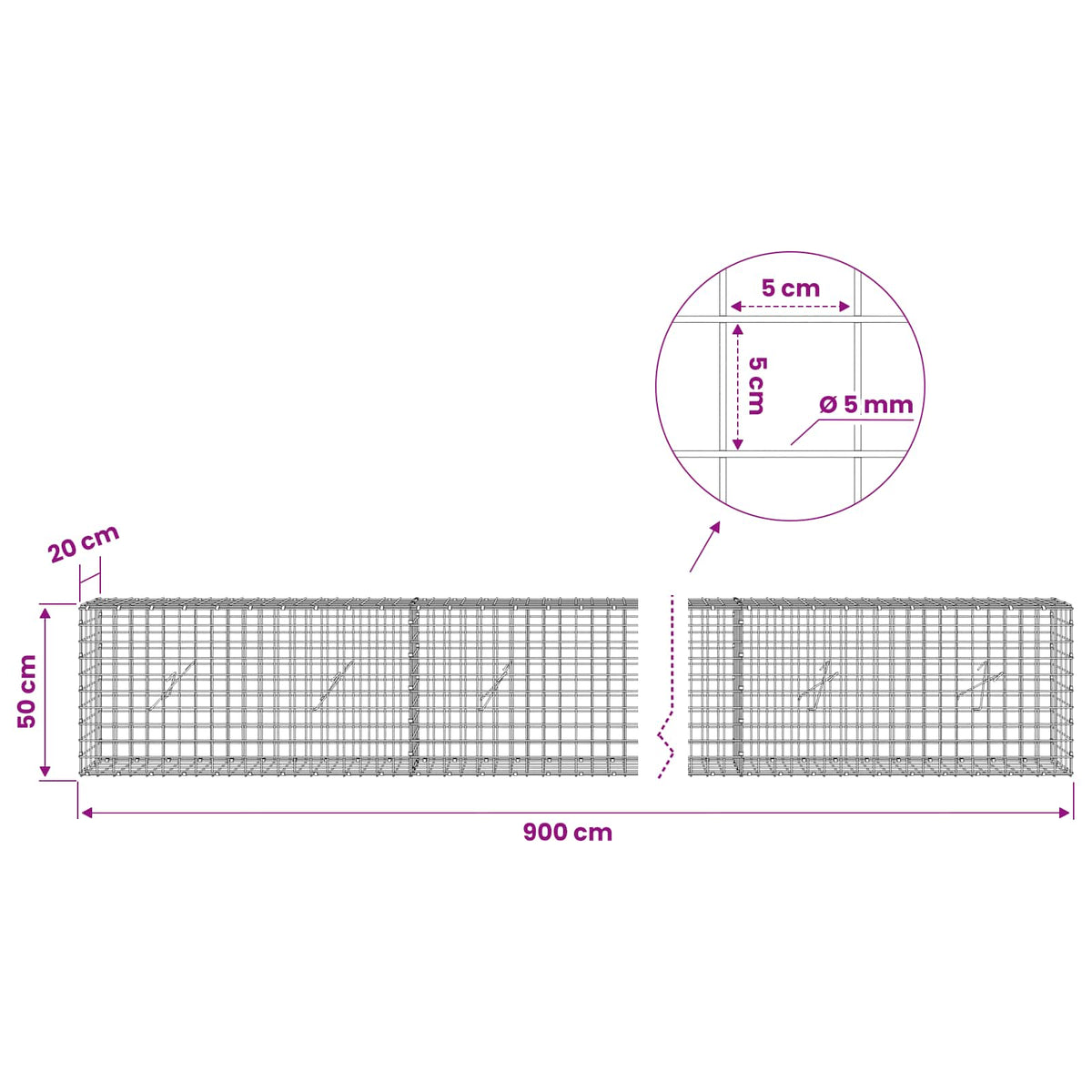 Gabion s 5 mm žicom i mrežom 5x5 cm 900x20x50 cm