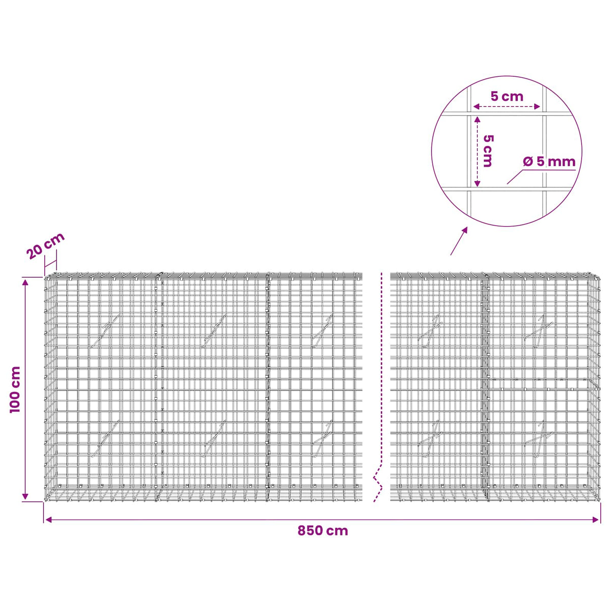 Gabion s 5 mm žicom i mrežom 5x5 cm 850x20x100 cm