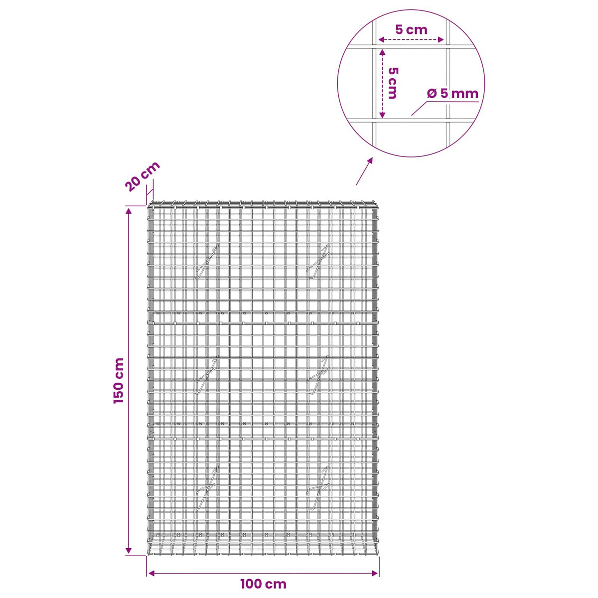 Gabion s 5 mm žicom i mrežom 5x5 cm 100x20x150 cm