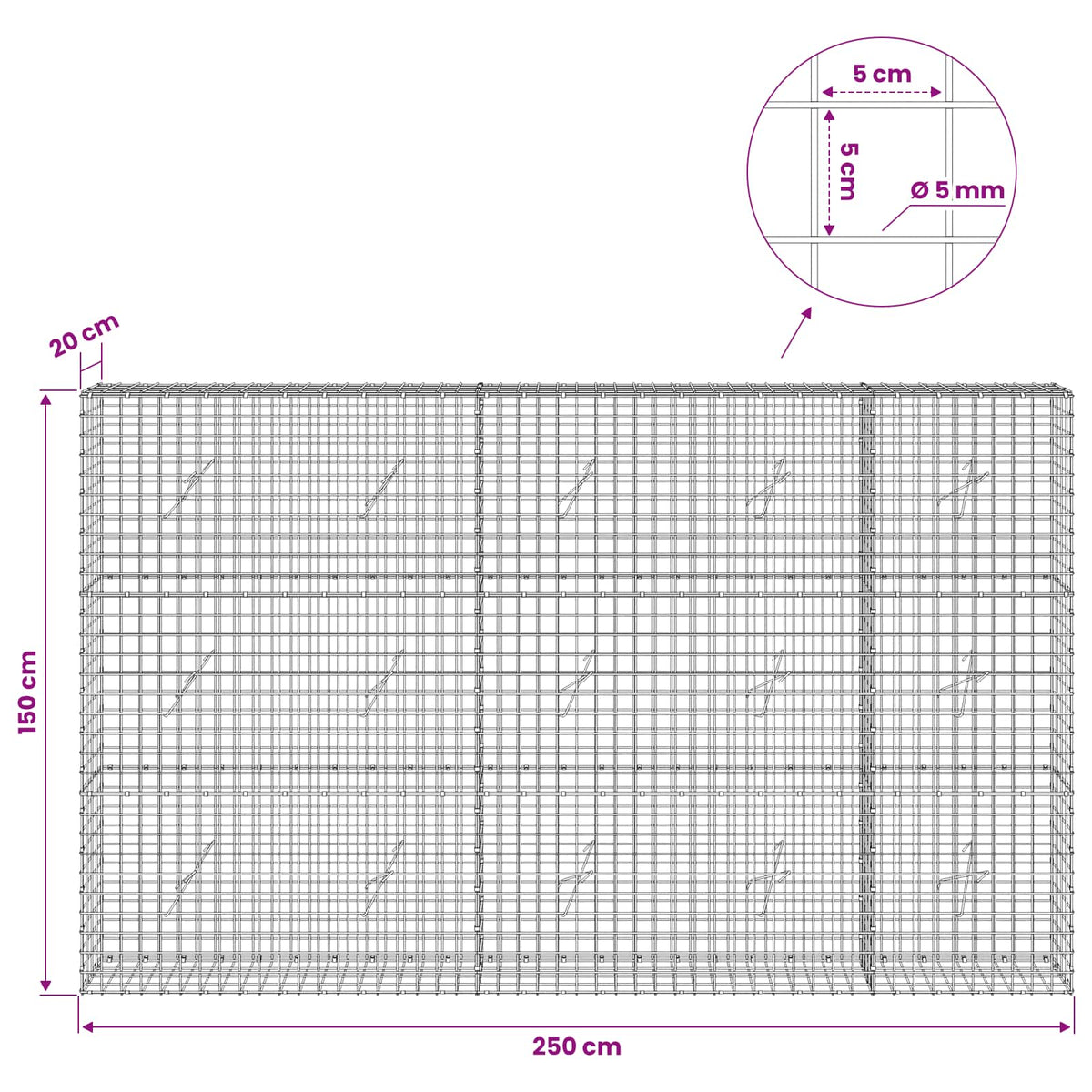 Gabion s 5 mm žicom i mrežom 5x5 cm 250x20x150 cm
