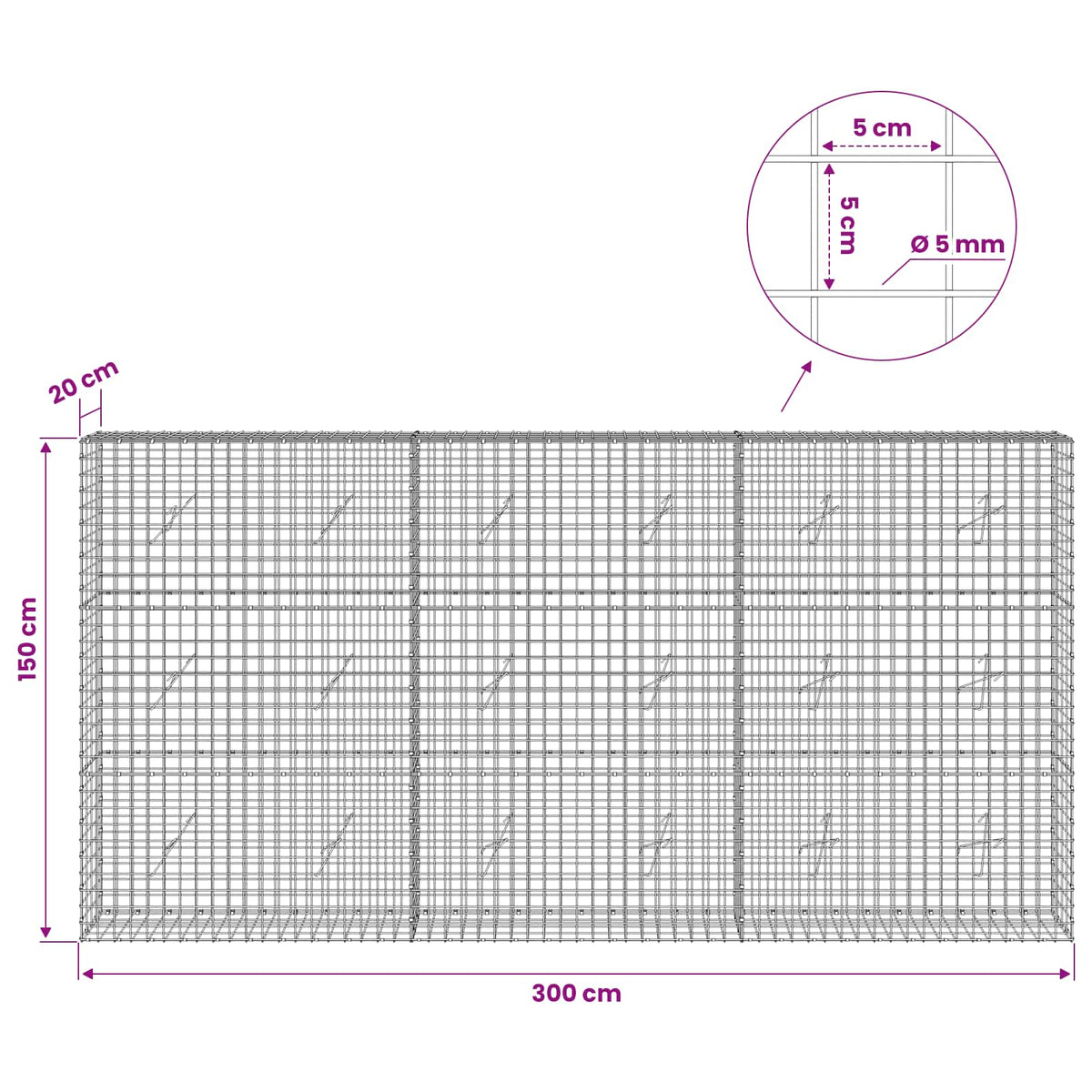 Gabion s 5 mm žicom i mrežom 5x5 cm 300x20x150 cm