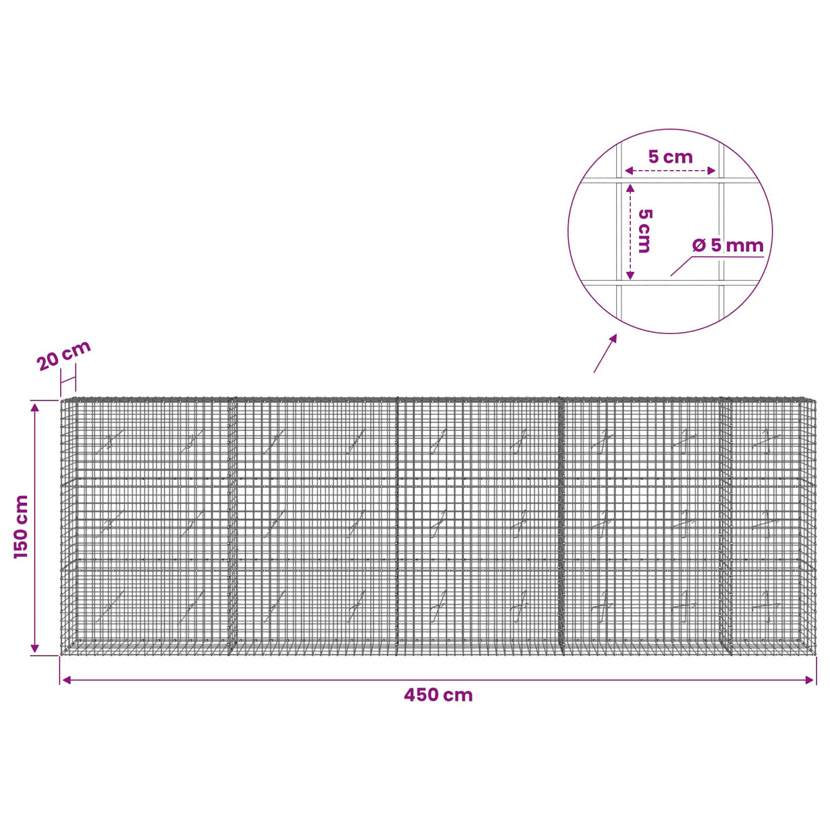 Gabion s 5 mm žicom i mrežom 5x5 cm 450x20x150 cm