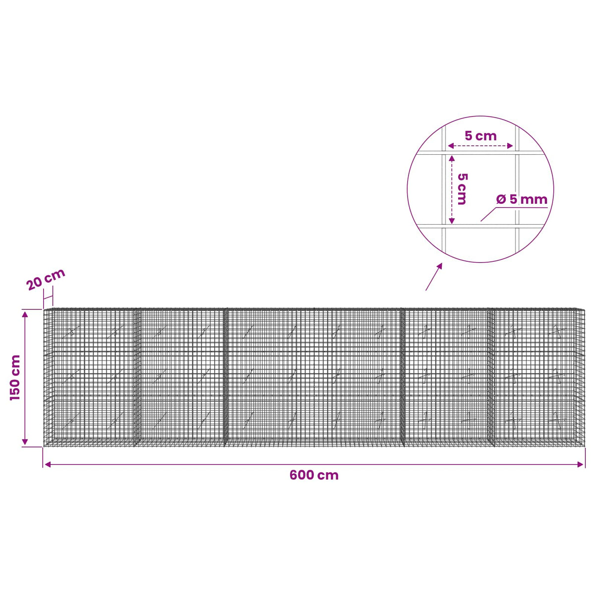Gabion s 5 mm žicom i mrežom 5x5 cm 600x20x150 cm