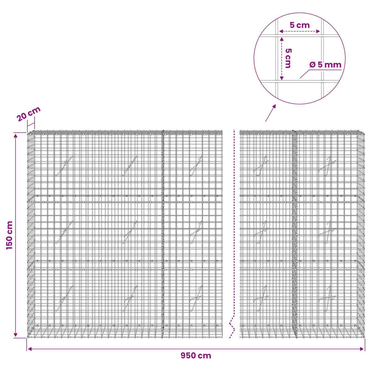 Gabion s 5 mm žicom i mrežom 5x5 cm 950x20x150 cm