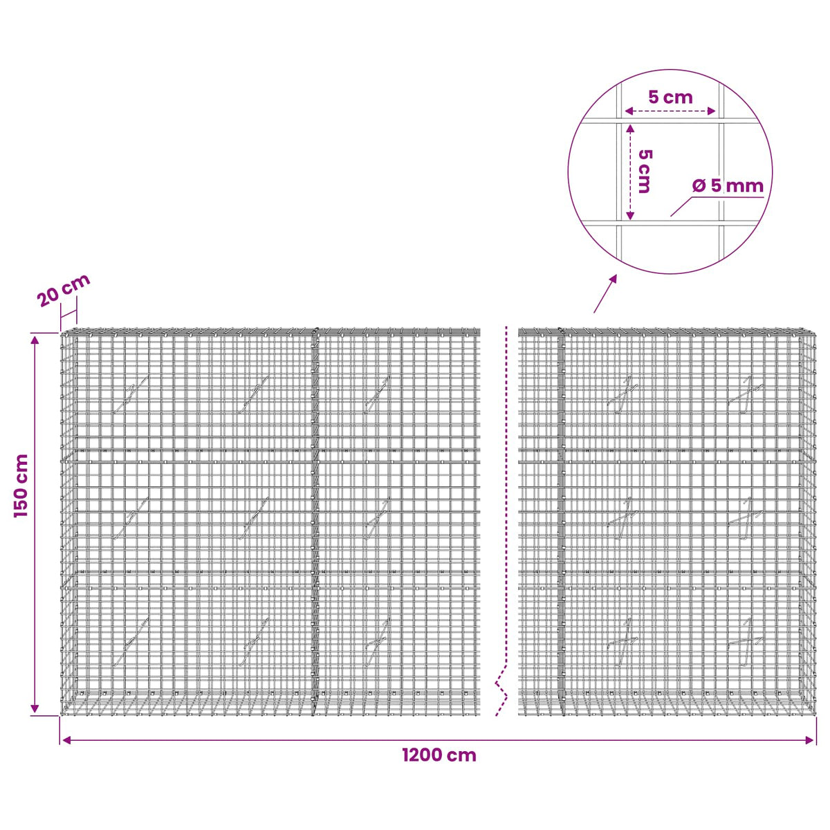 Gabion s 5 mm žicom i mrežom 5x5 cm 1200x20x150 cm