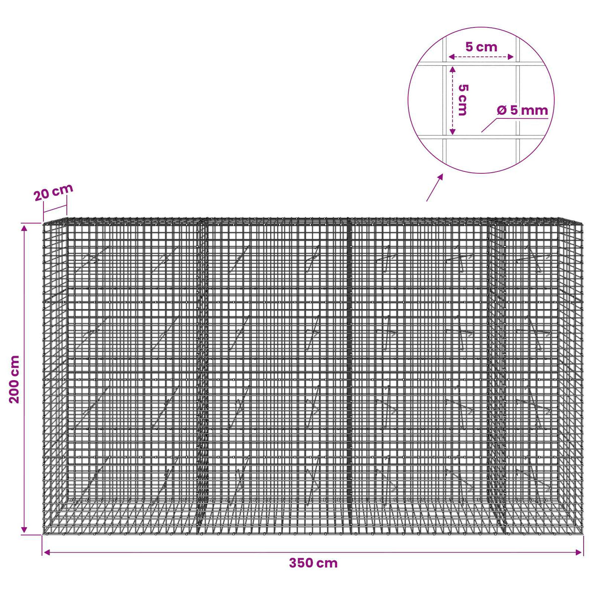 Gabion s 5 mm žicom i mrežom 5x5 cm 350x20x200 cm