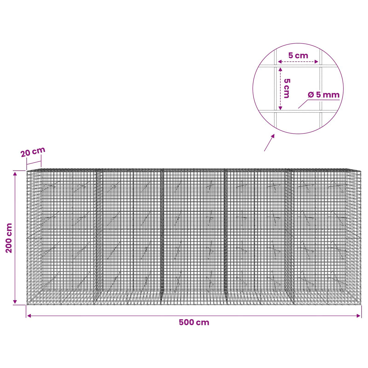 Gabion s 5 mm žicom i mrežom 5x5 cm 500x20x200 cm