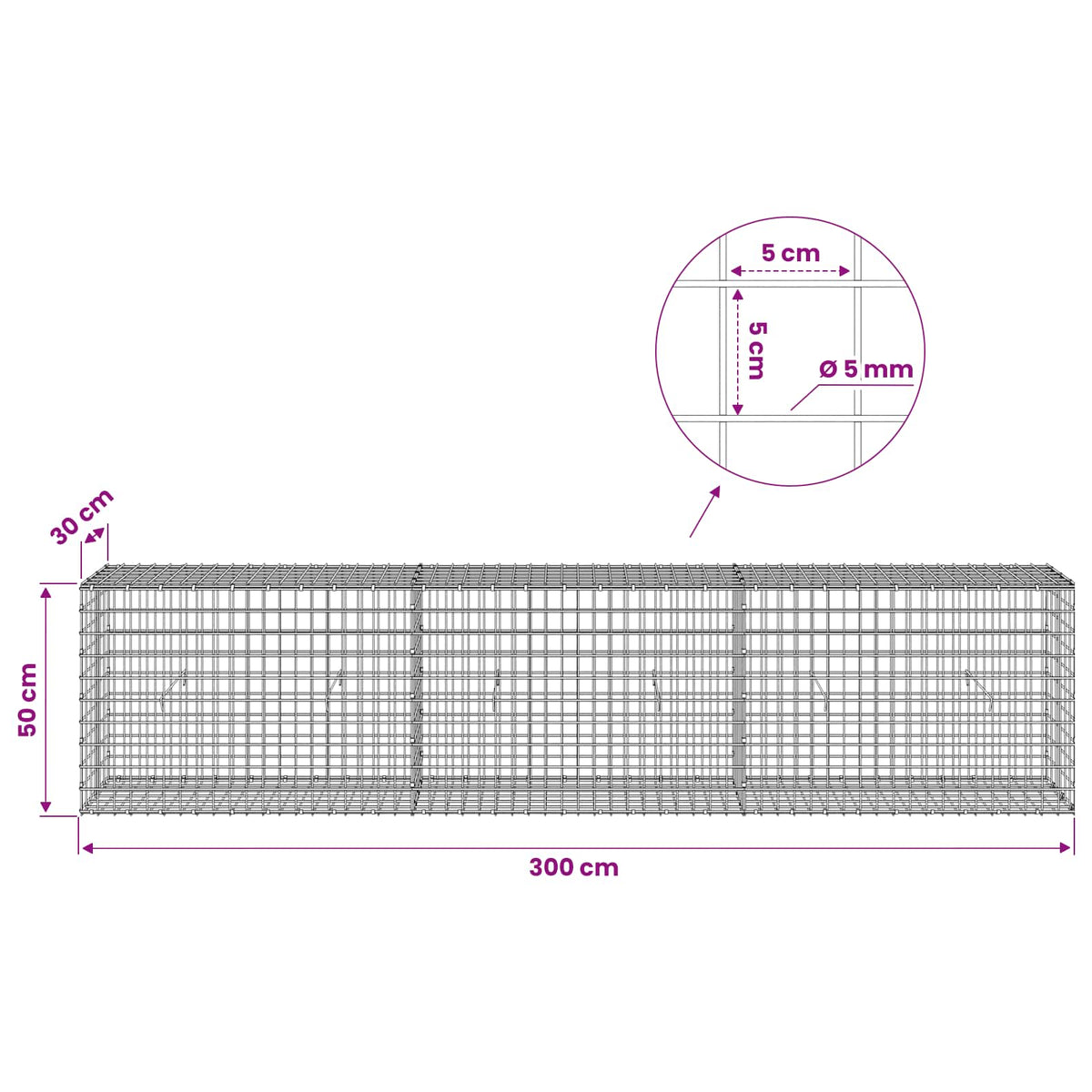 Gabion s 5 mm žicom i mrežom 5x5 cm 300x30x50 cm