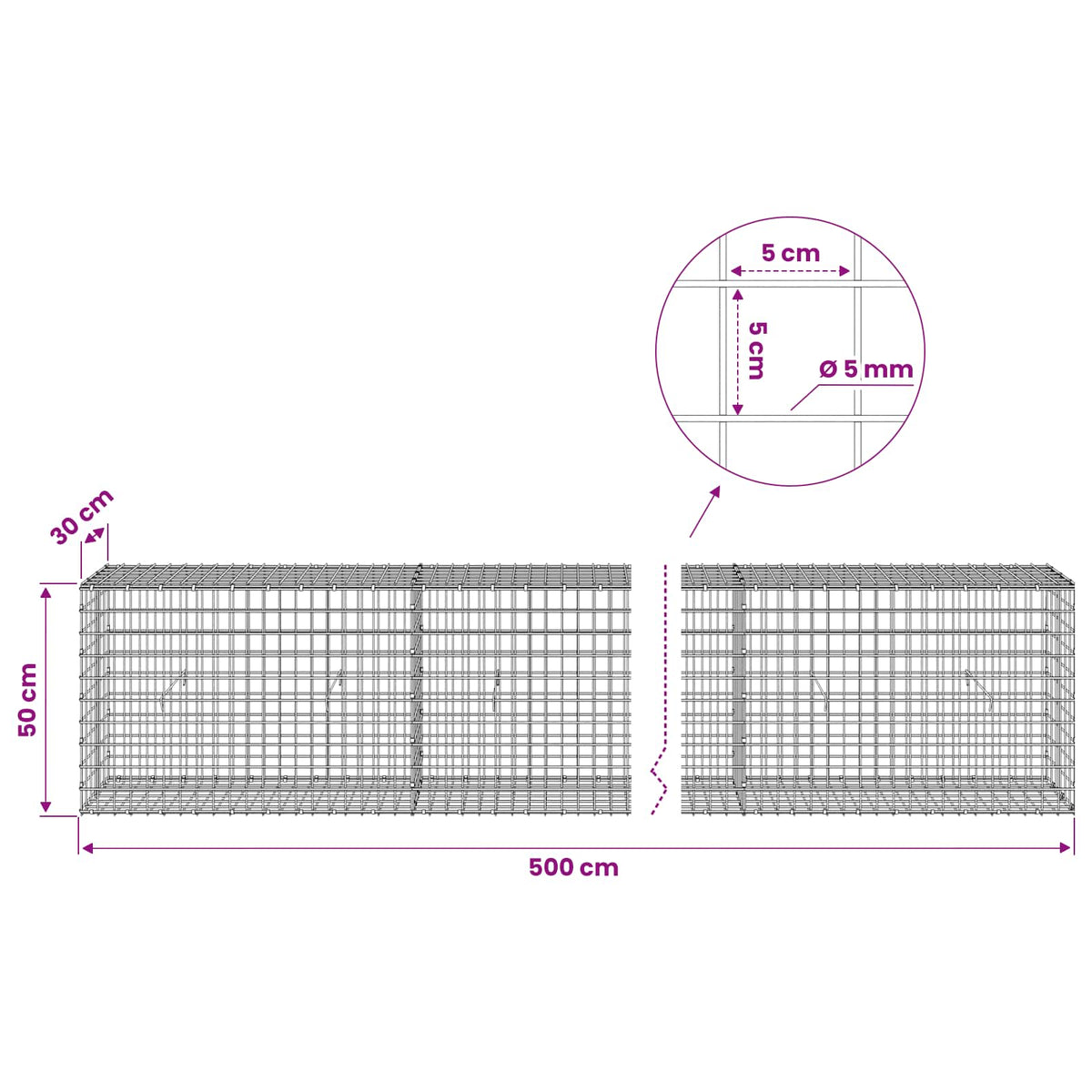 Gabion s 5 mm žicom i mrežom 5x5 cm 500x30x50 cm