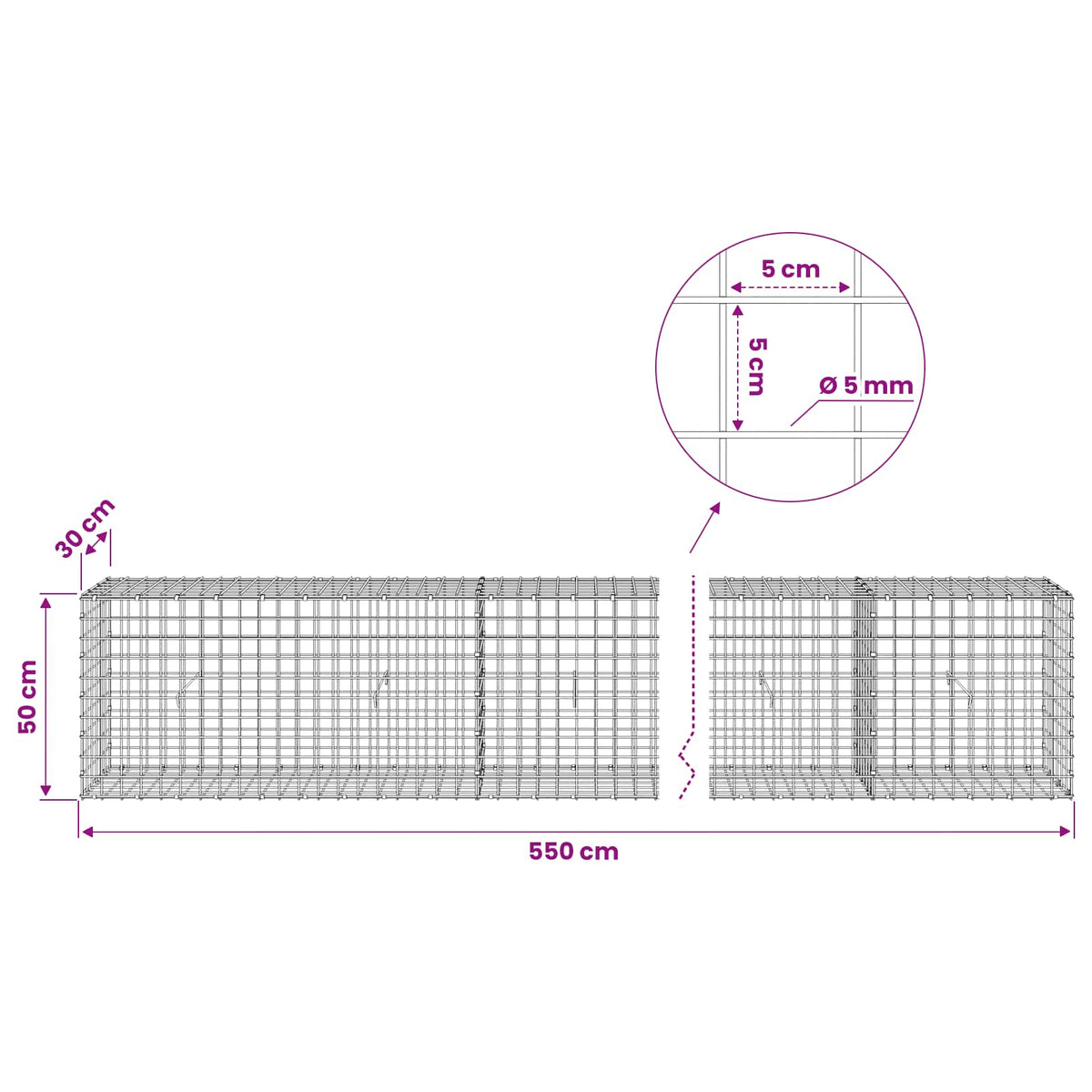 Gabion s 5 mm žicom i mrežom 5x5 cm 550x30x50 cm