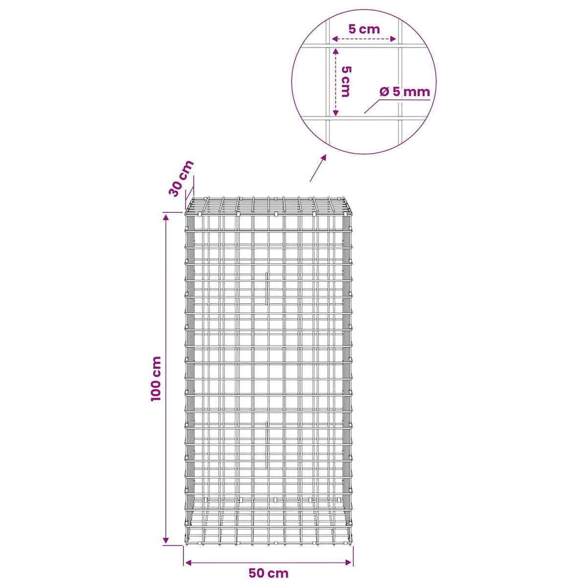 Gabion s 5 mm žicom i mrežom 5x5 cm 50x30x100 cm