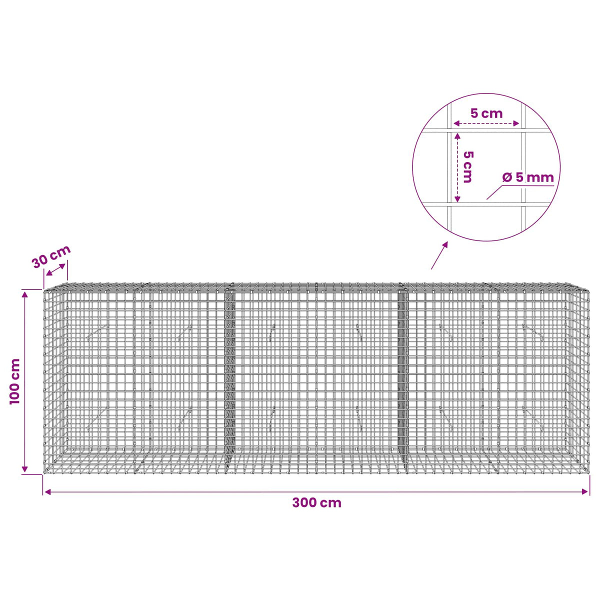 Gabion s 5 mm žicom i mrežom 5x5 cm 300x30x100 cm