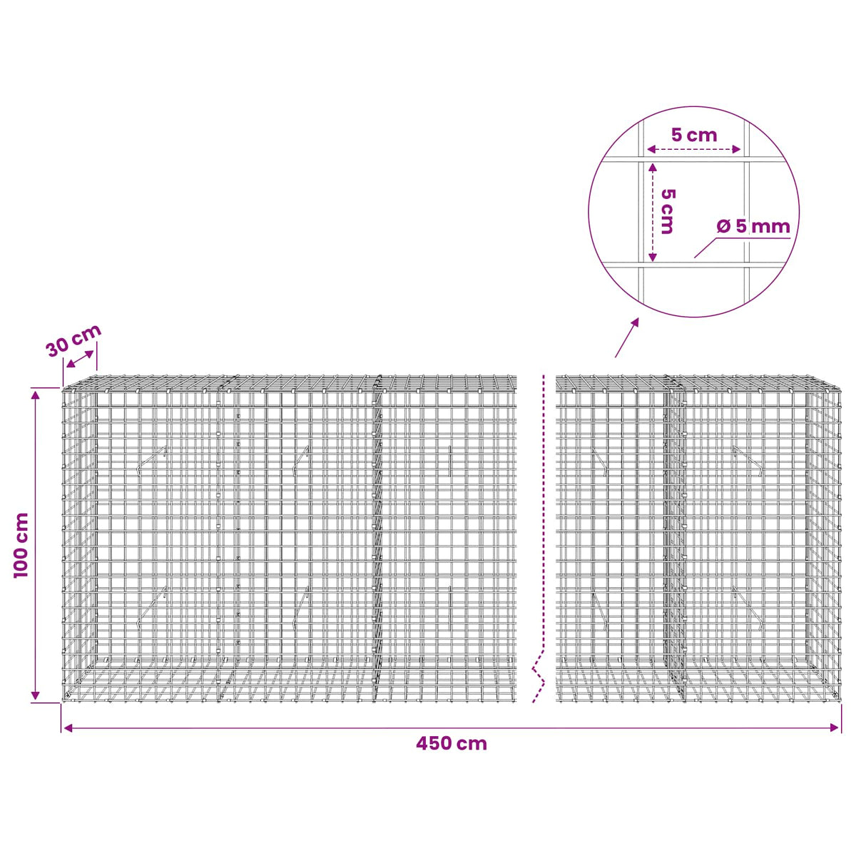 Gabion s 5 mm žicom i mrežom 5x5 cm 450x30x100 cm