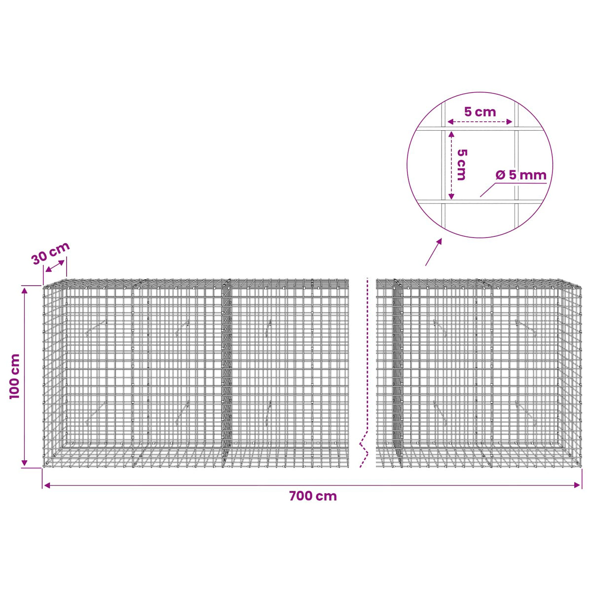 Gabion s 5 mm žicom i mrežom 5x5 cm 700x30x100 cm