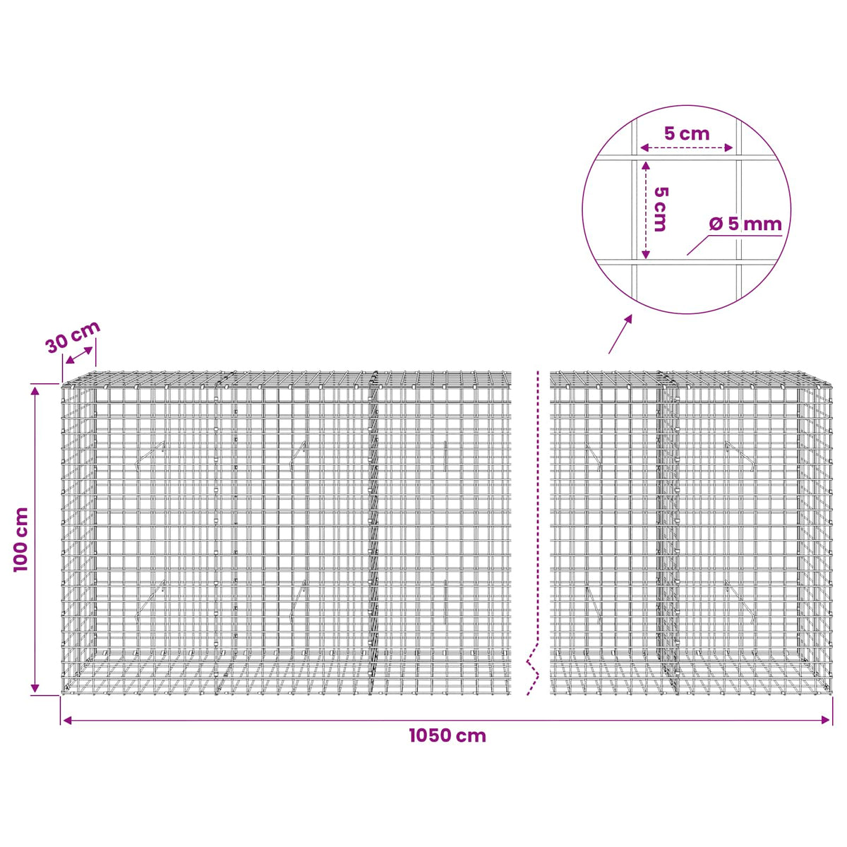 Gabion s 5 mm žicom i mrežom 5x5 cm 1050x30x100 cm
