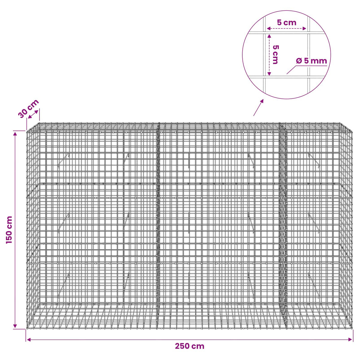 Gabion s 5 mm žicom i mrežom 5x5 cm 250x30x150 cm