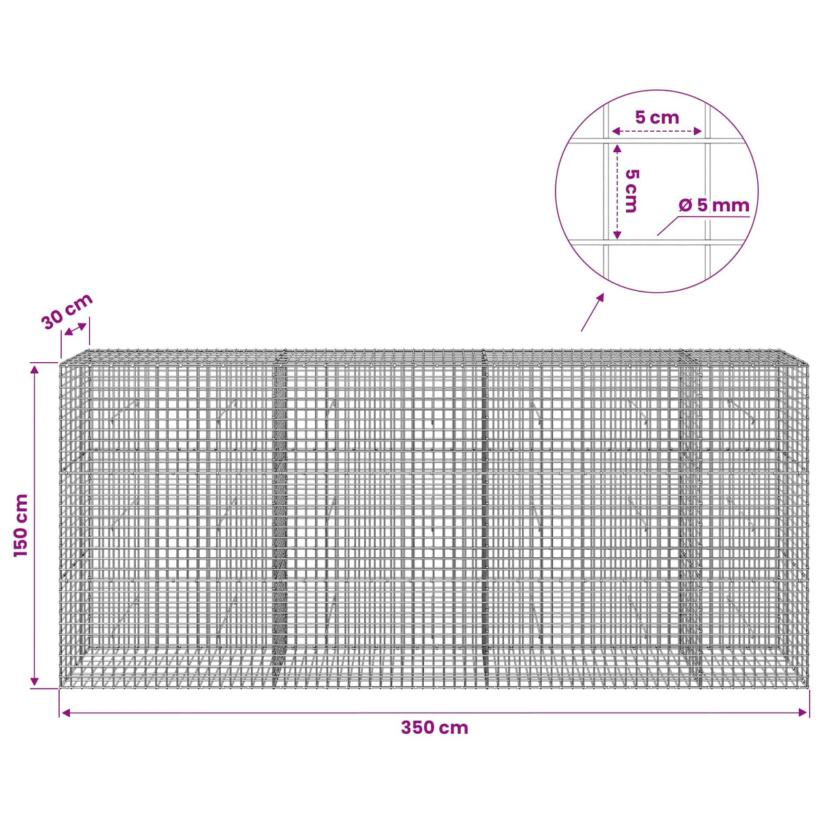 Gabion s 5 mm žicom i mrežom 5x5 cm 350x30x150 cm