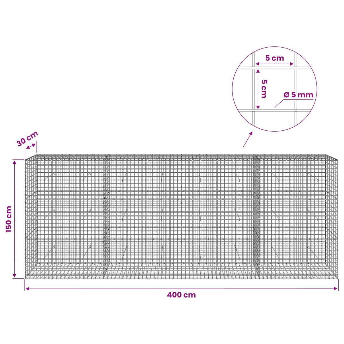 Gabion s 5 mm žicom i mrežom 5x5 cm 400x30x150 cm
