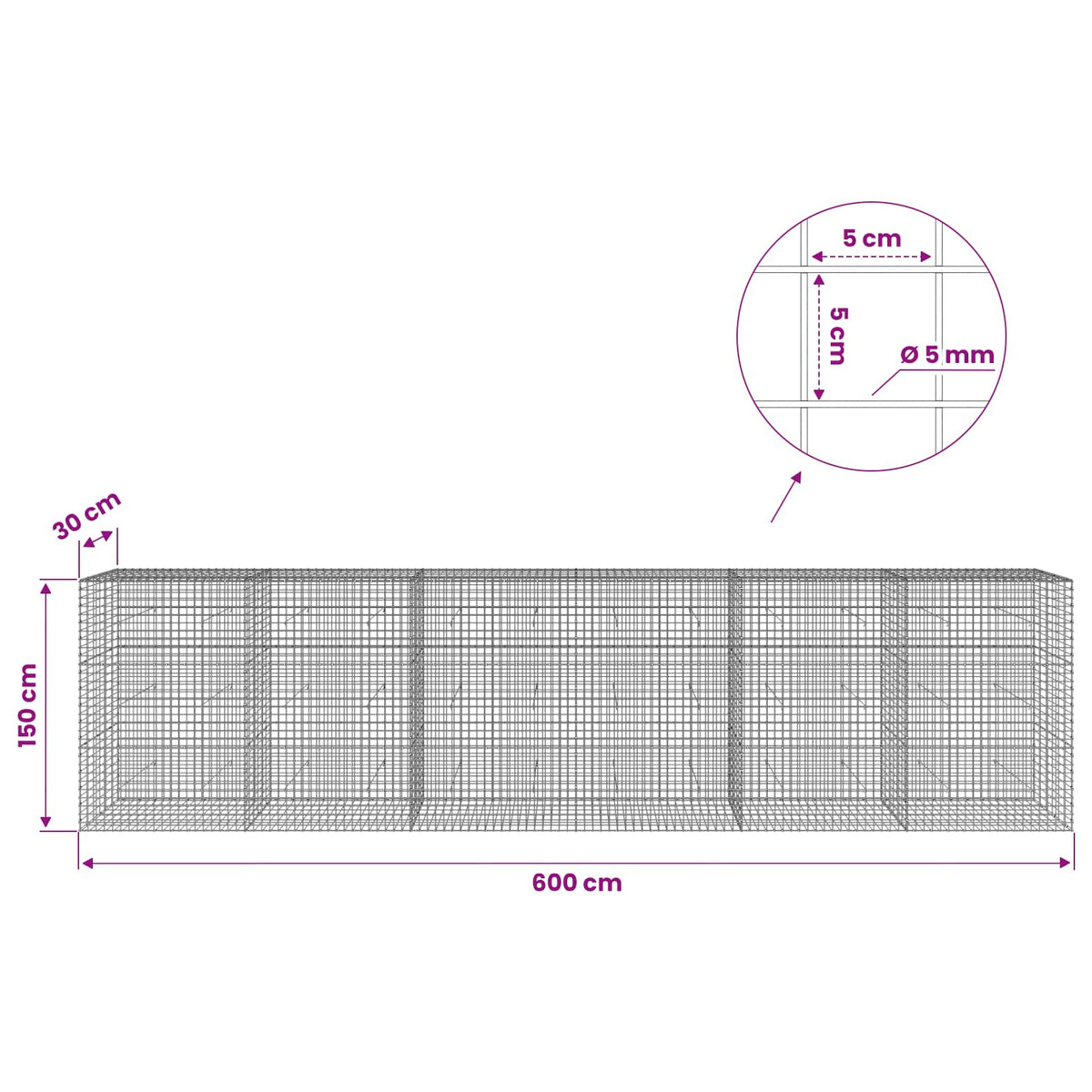 Gabion s 5 mm žicom i mrežom 5x5 cm 600x30x150 cm