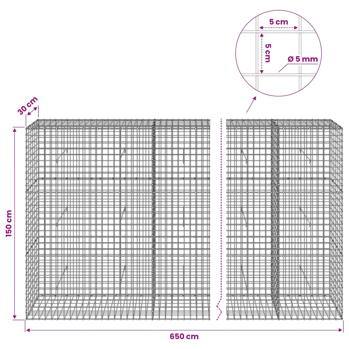 Gabion s 5 mm žicom i mrežom 5x5 cm 650x30x150 cm