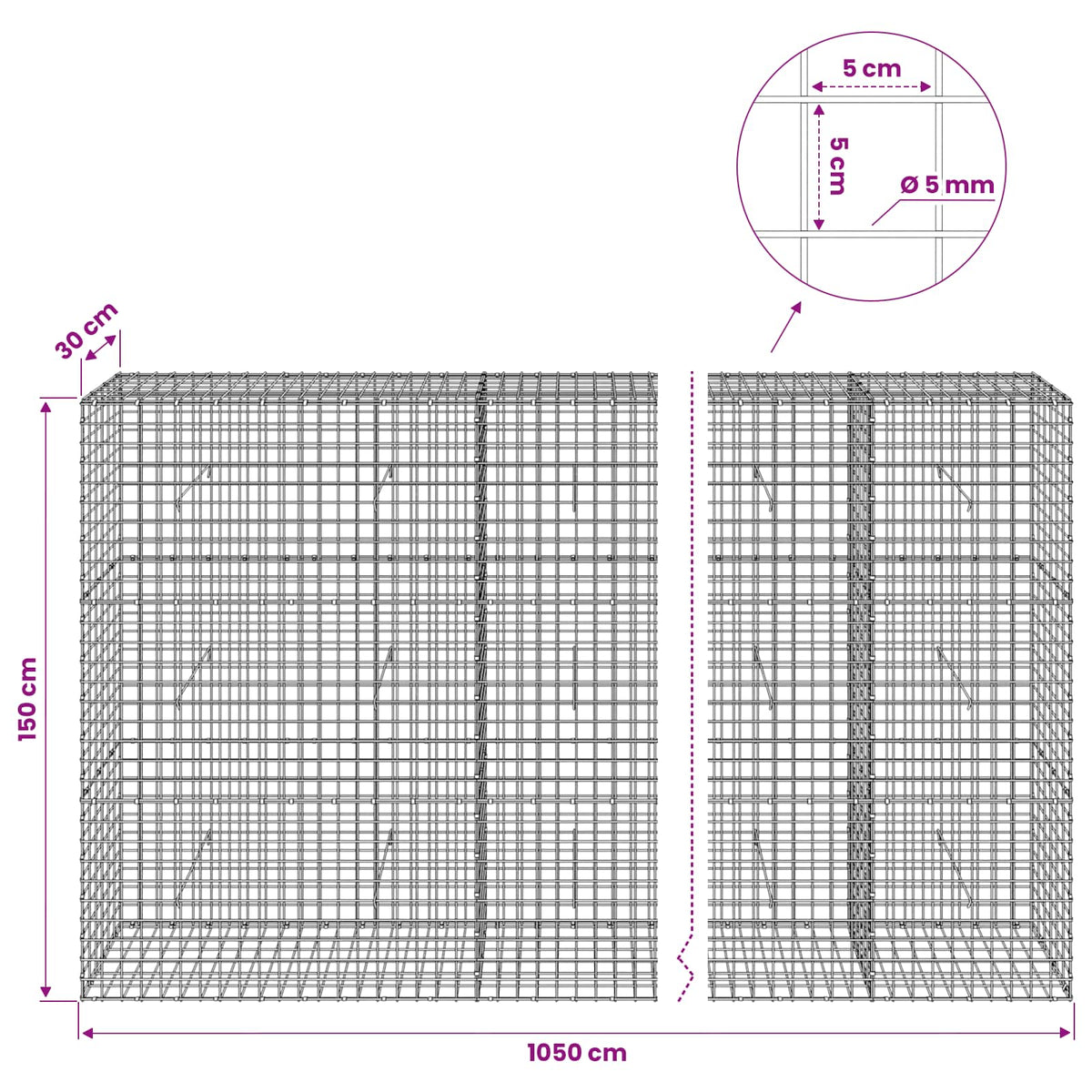Gabion s 5 mm žicom i mrežom 5x5 cm 1050x30x150 cm