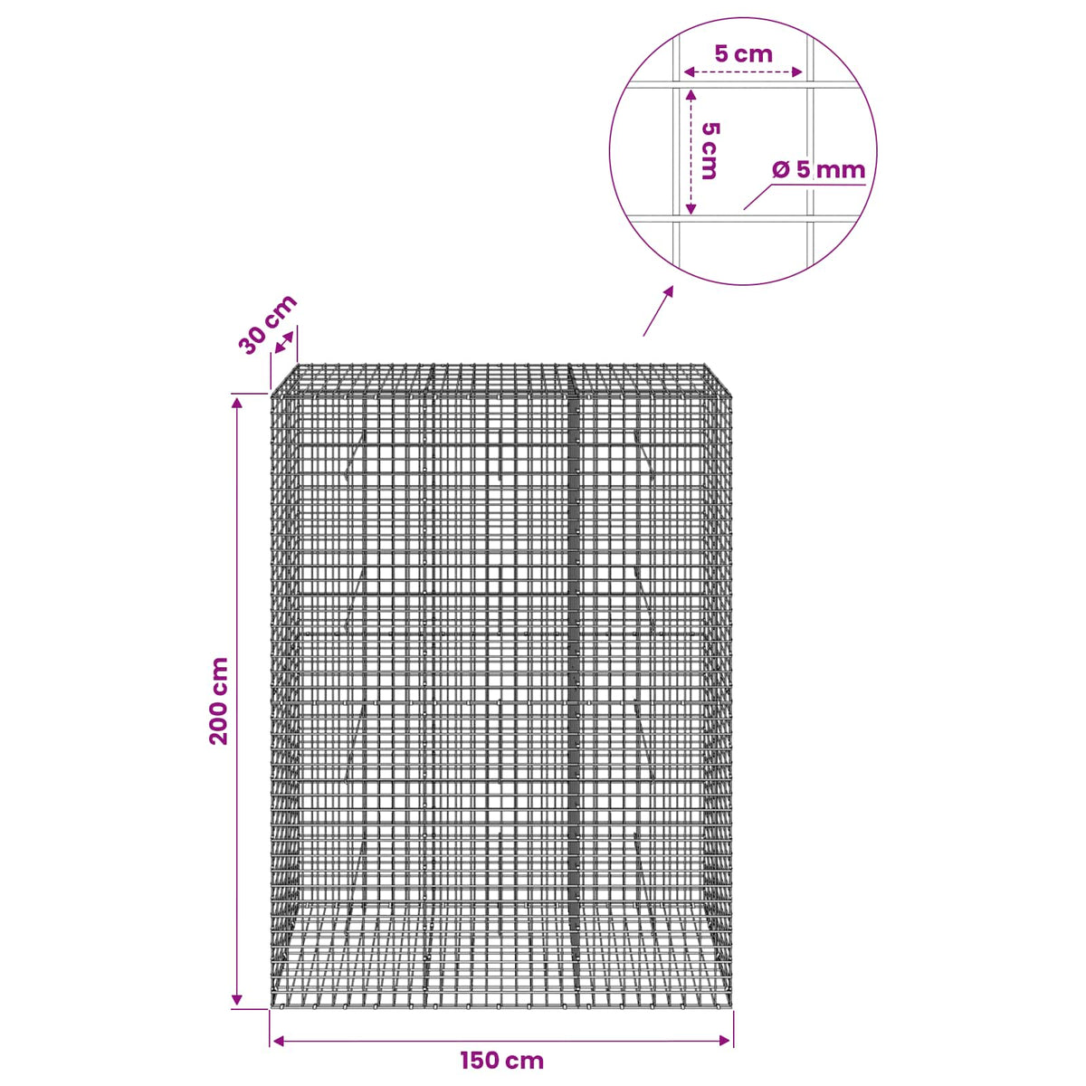 Gabion s 5 mm žicom i mrežom 5x5 cm 150x30x200 cm