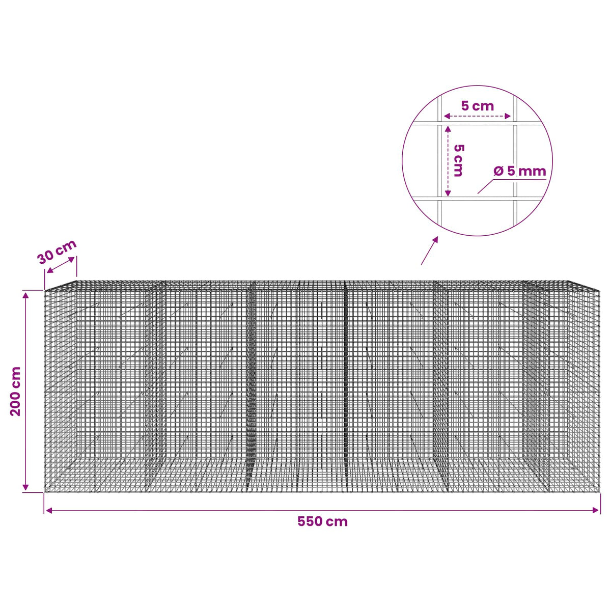 Gabion s 5 mm žicom i mrežom 5x5 cm 550x30x200 cm