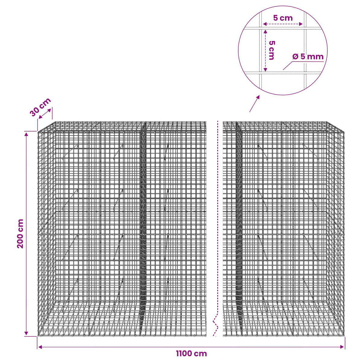 Gabion s 5 mm žicom i mrežom 5x5 cm 1100x30x200 cm