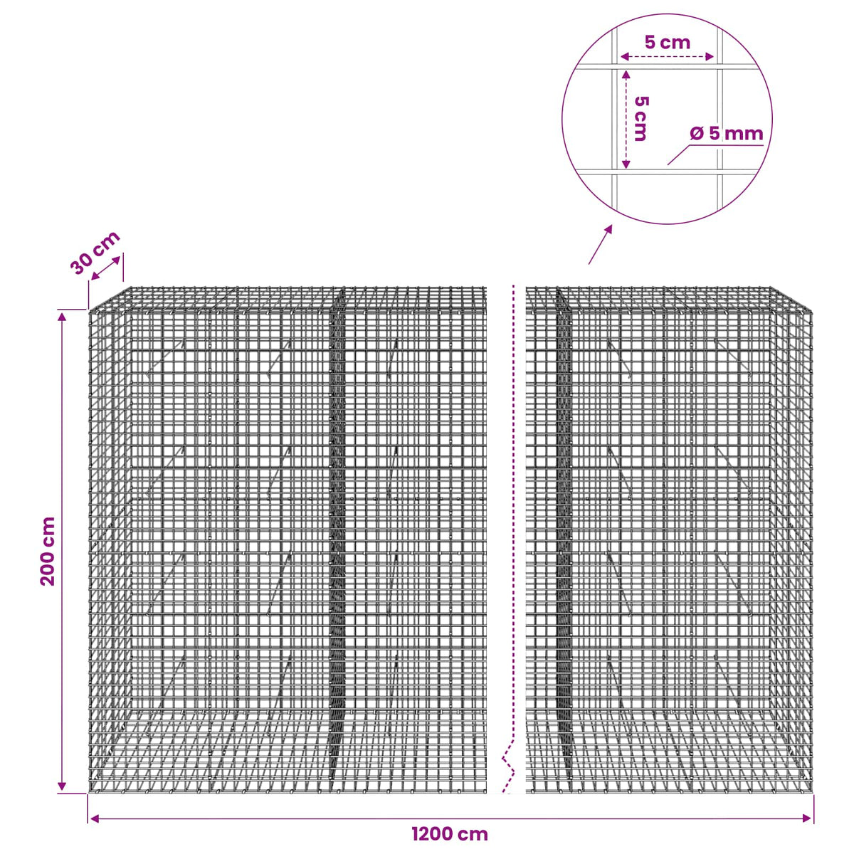 Gabion s 5 mm žicom i mrežom 5x5 cm 1200x30x200 cm